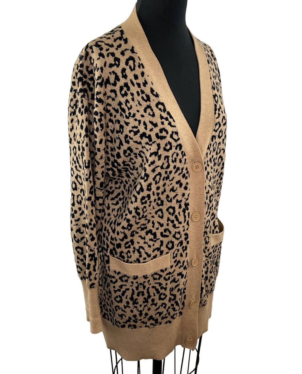 J. Crew V-neck Cardigan Sweater in Leopard Jacquard Relaxed Merino L1128 S